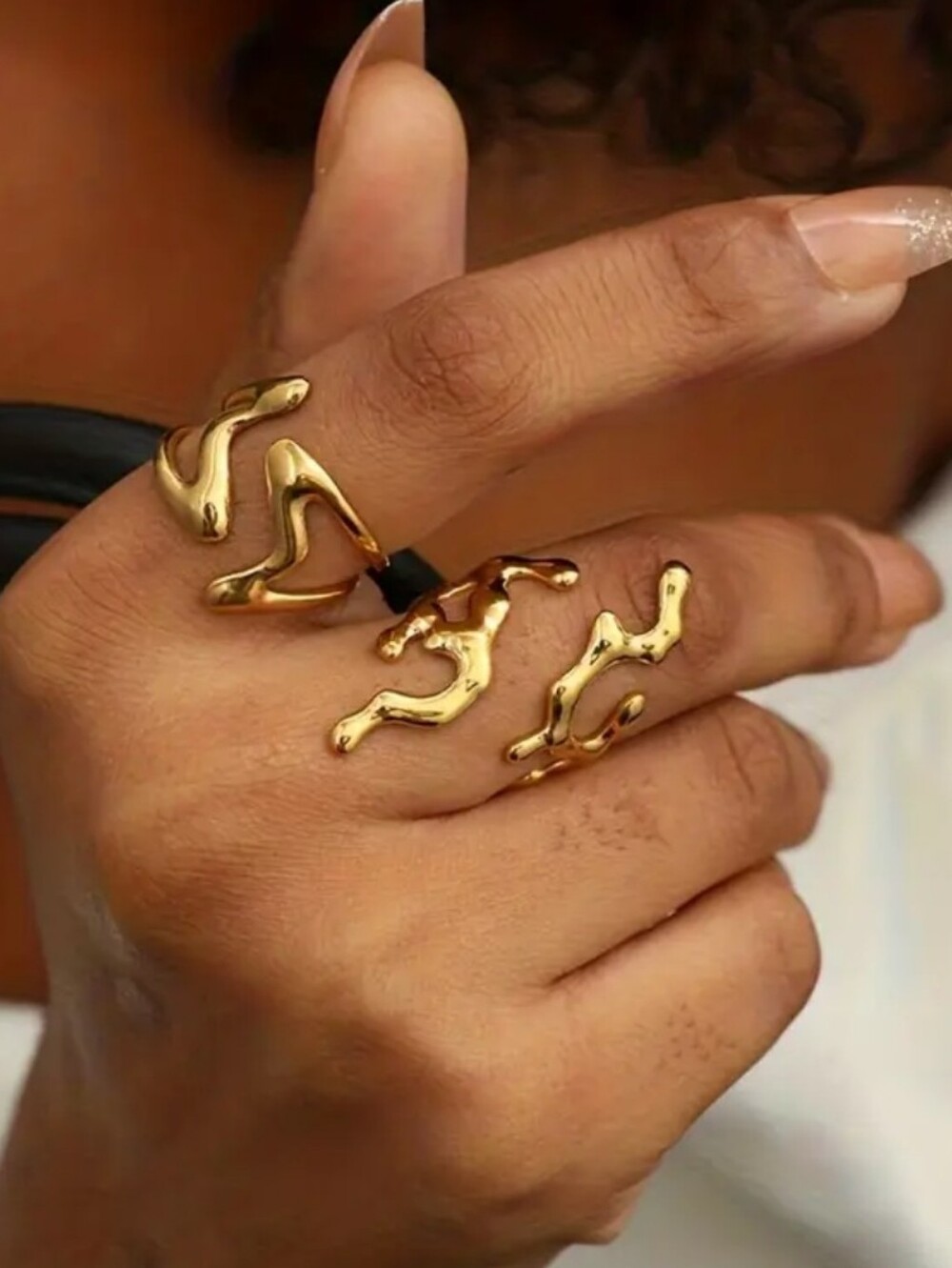 New! Gold Plated Wave Rings Women Fashion - Set of 2 - Picture 2 of 4